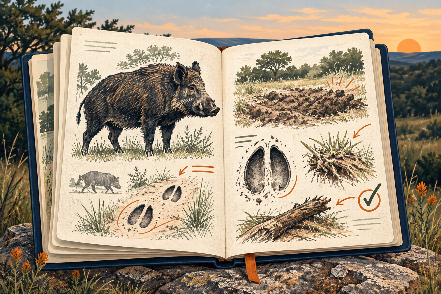 Illustrated feral-hog field guide showing tracks, rooting damage, and field observations.