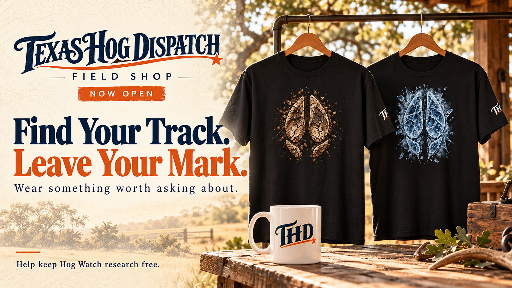 Texas Hog Dispatch Field Shop banner showing two black hog-track shirts and a THD mug with the words Find Your Track. Leave Your Mark.