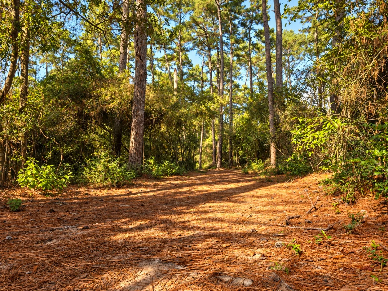 Trail covered in fallen pine needles with long tree shadows