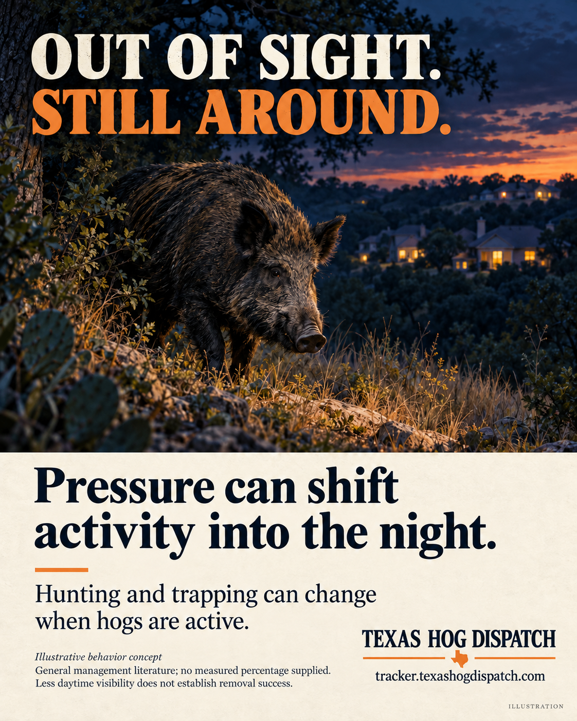 Illustrated wild hog above a Texas neighborhood at dusk with the headline Out of Sight, Still Around and a note about nocturnal activity shifts.