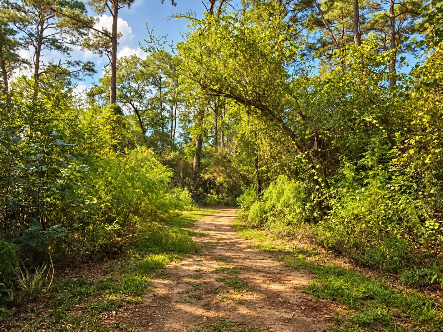 Arching branch over a trail with dense greenery