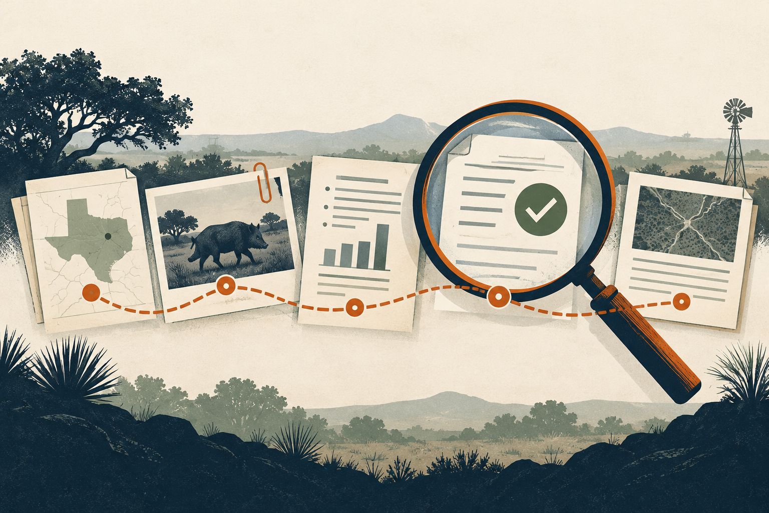 Source documents, Texas field evidence, and a magnifying glass connected by an evidence trail.