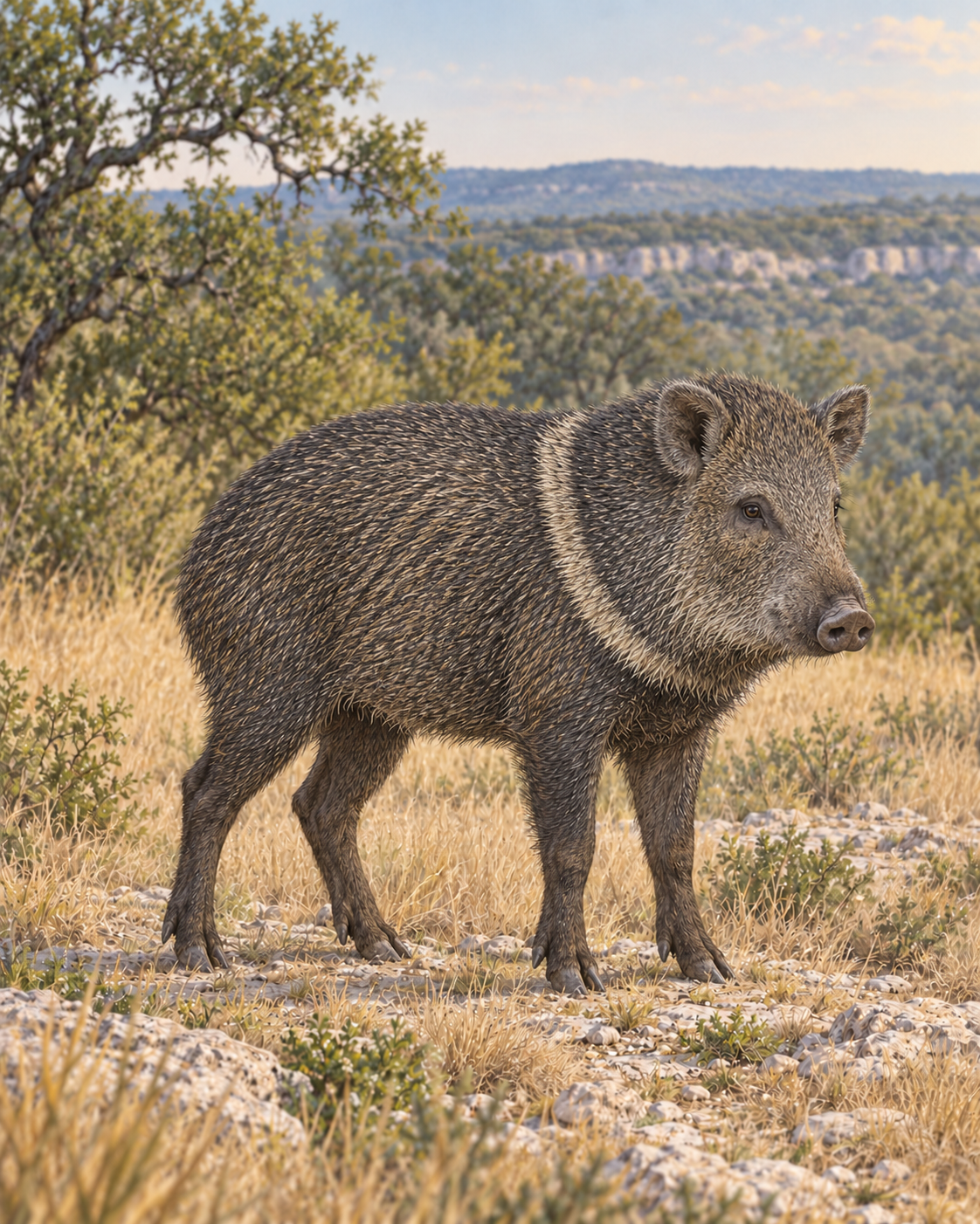 Illustrated collared peccary with pale shoulder band in dry grass