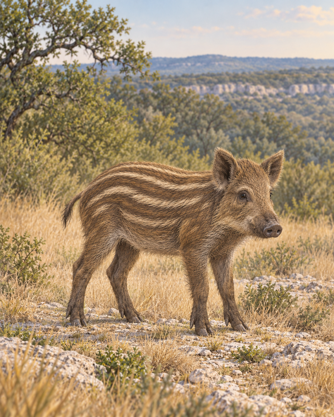 Illustrated striped feral hog piglet in dry grass