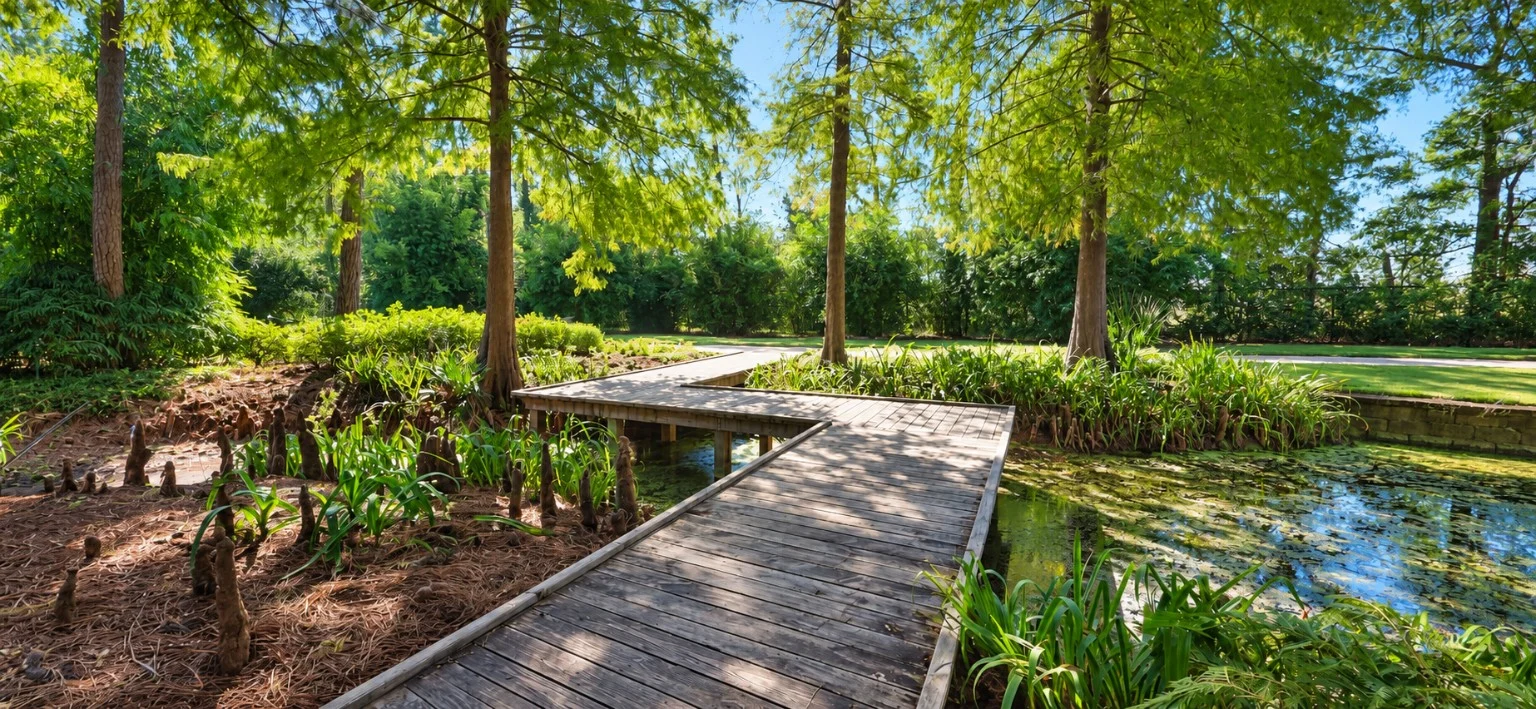 Boardwalk across the garden pond