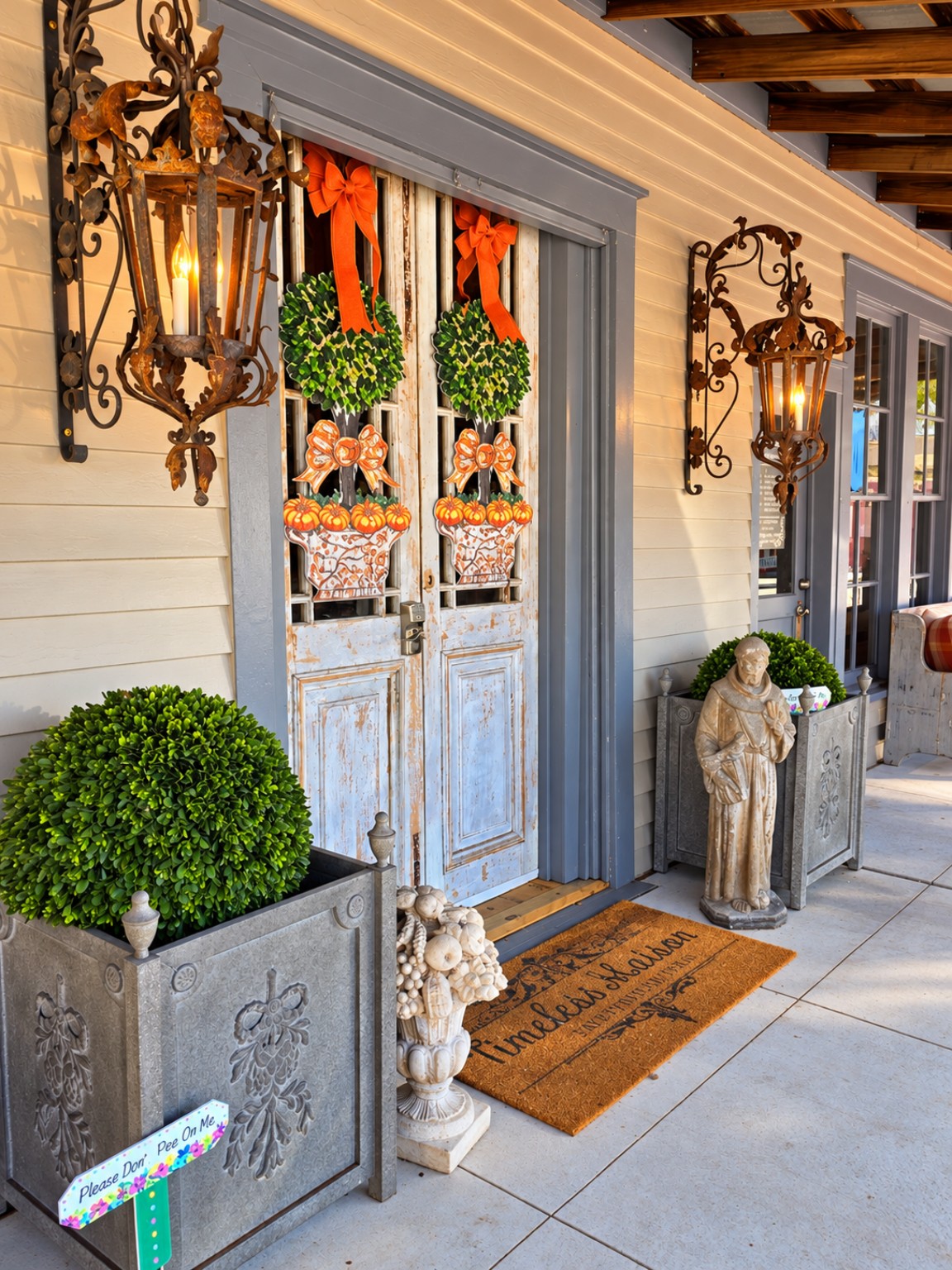 Decorated doorway with lanterns, wreaths and orange bows