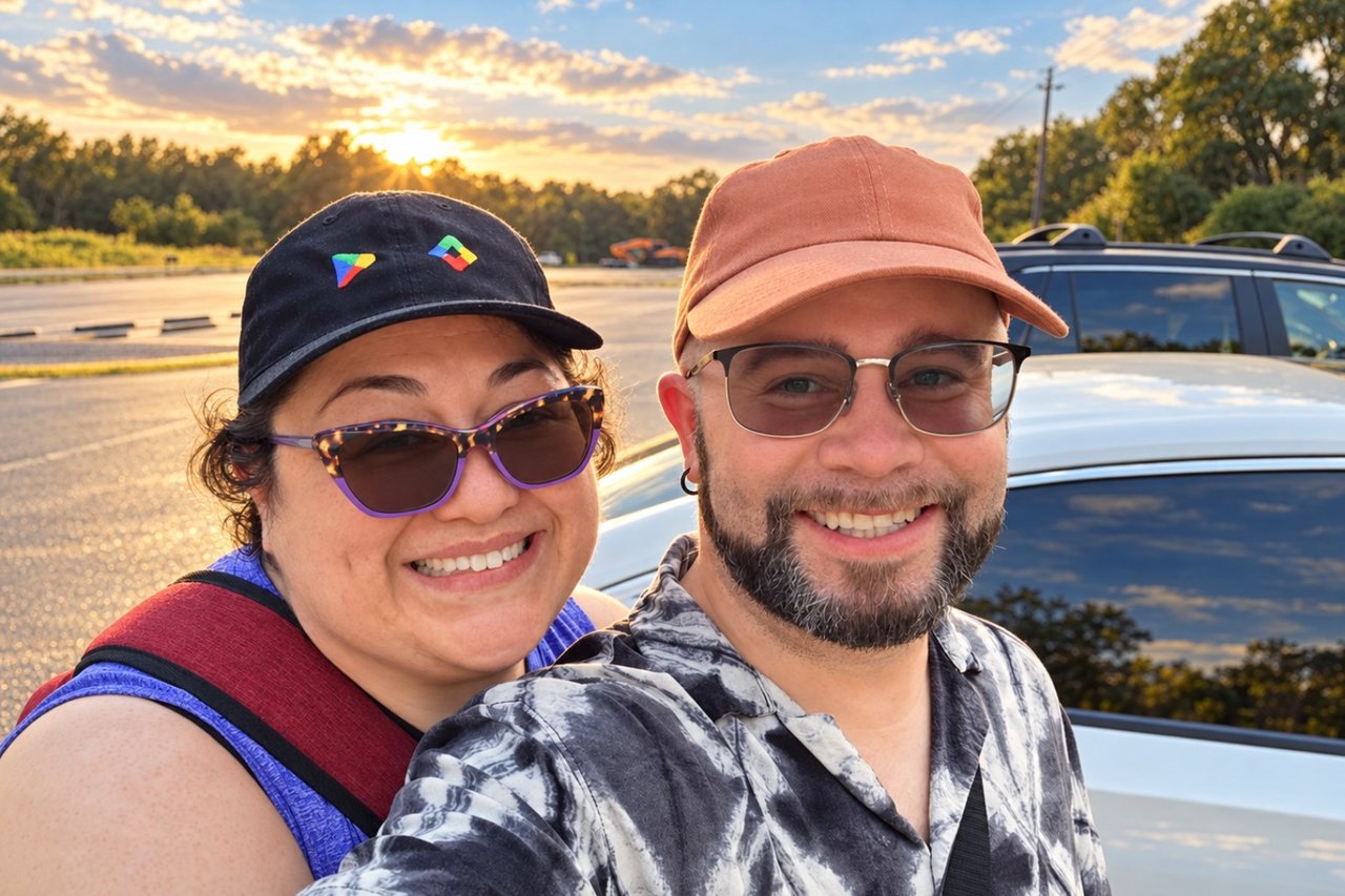 Efrain Ruiz and Kelly Trotman smiling together in warm sunset light, both wearing caps.