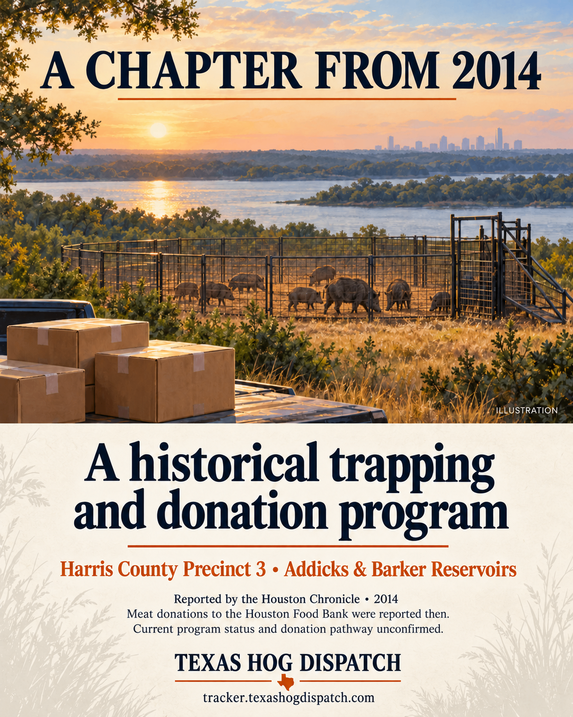 Illustrated historical Harris County trapping and food-bank donation program at Addicks and Barker Reservoirs in 2014.