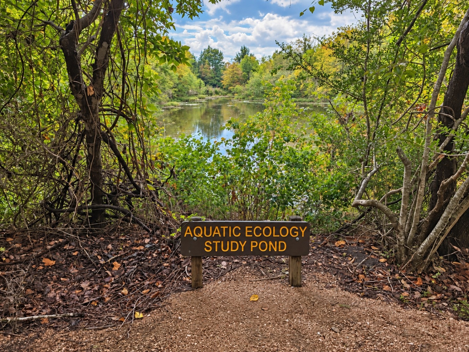 Aquatic Ecology Study Pond sign beside a wooded pond at Sheldon Lake