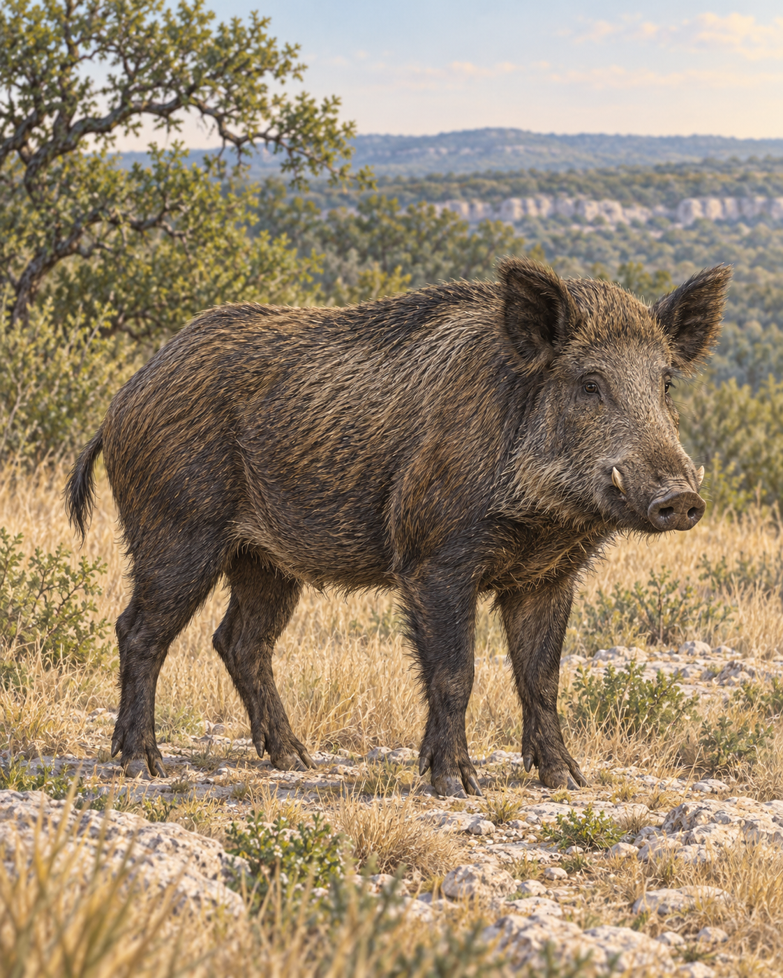 Illustrated adult feral hog standing in dry Texas Hill Country grass