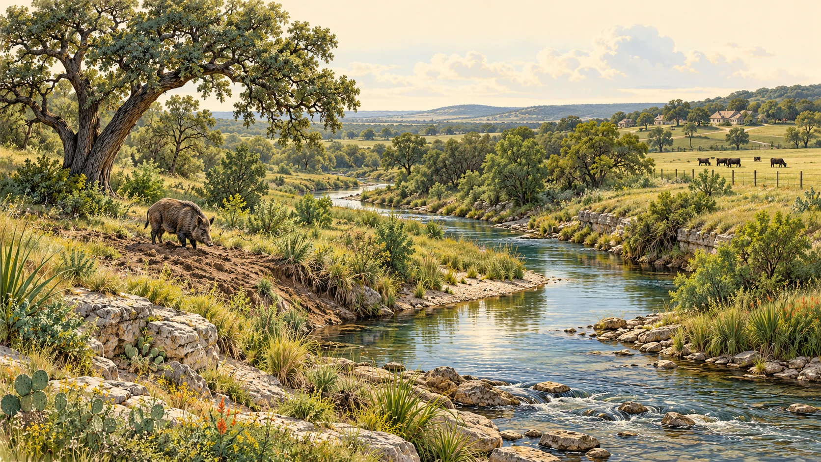 Conceptual watershed illustration with a wild pig rooting near a creek, vegetation along the banks and cattle in the distance.