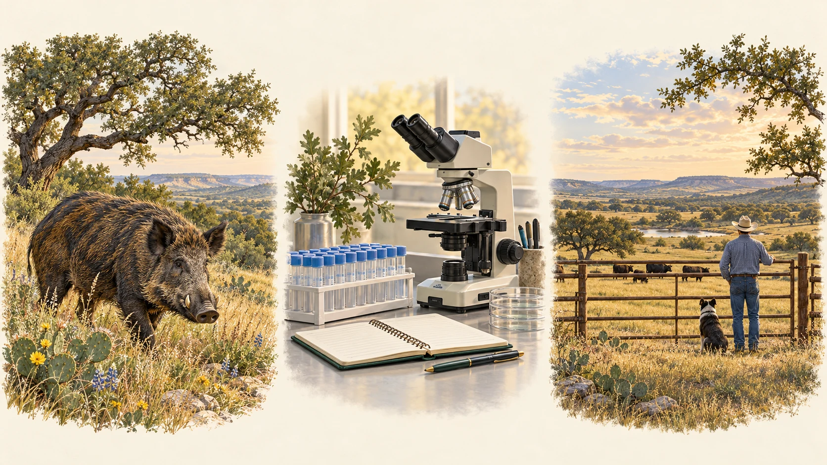 Three connected illustrations: a wild pig, laboratory equipment and samples, and a person with a dog overlooking cattle.