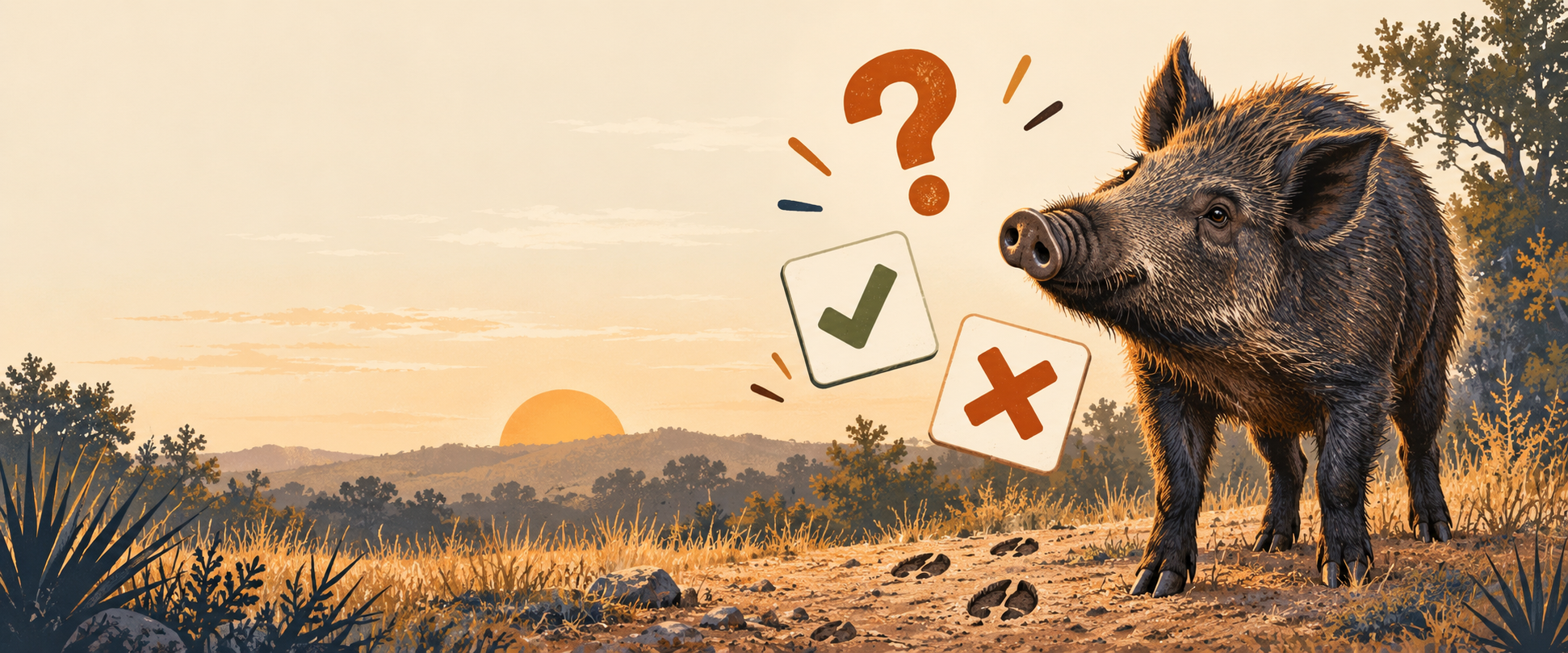 Illustrated banner showing a feral hog at sunset with a question mark, checkmark, and answer tiles.