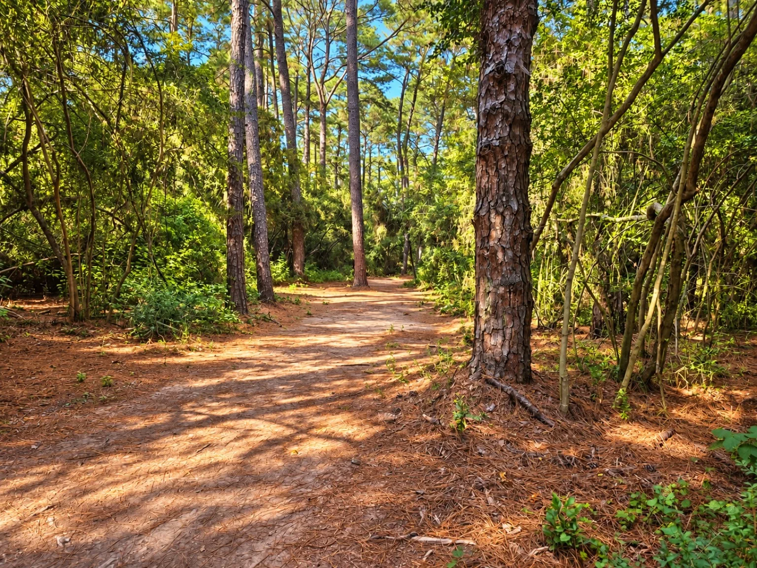 Path winding between tree trunks