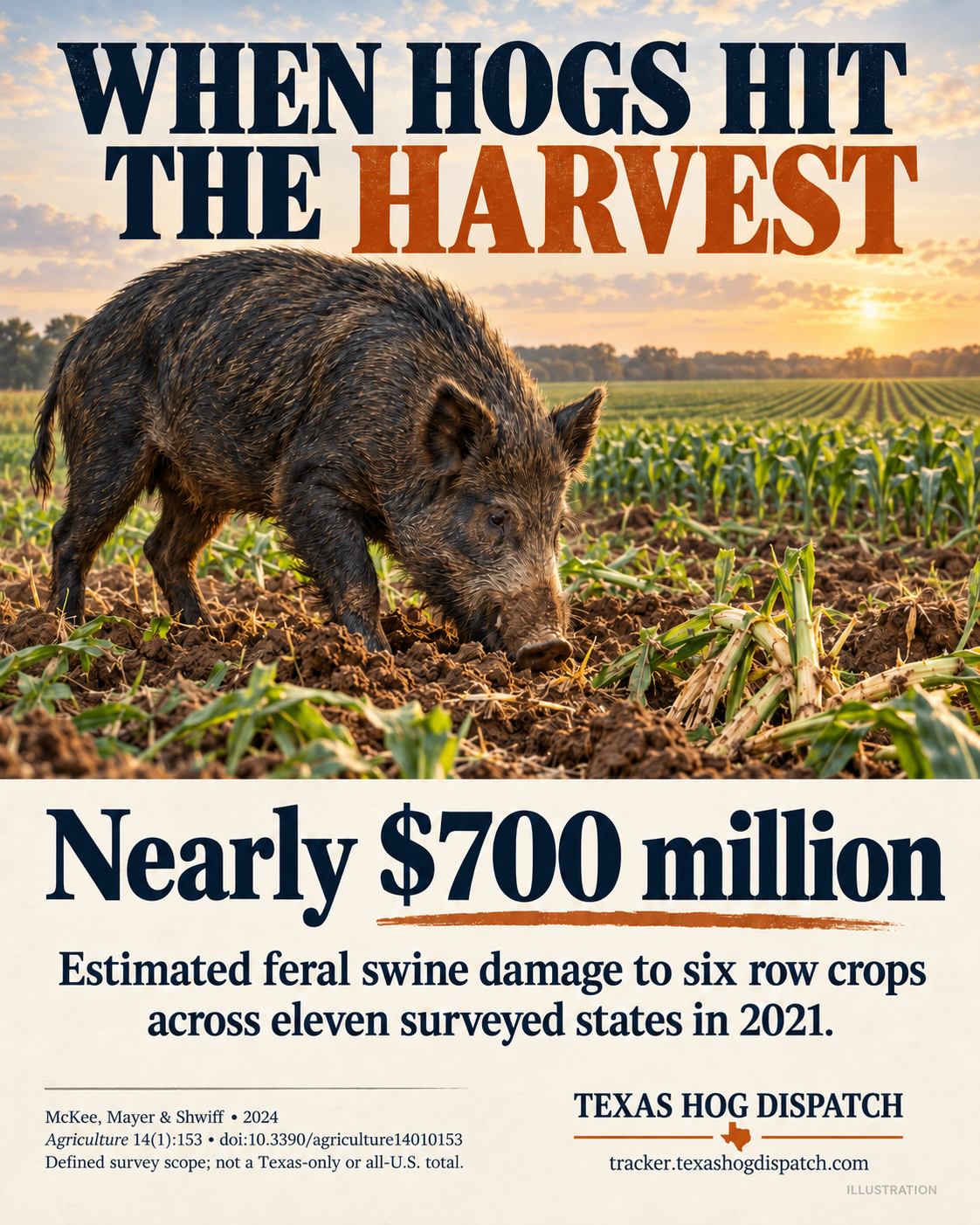 Illustrated wild hog damaging a row-crop field with the finding of nearly 700 million dollars in damage across eleven surveyed states in 2021.