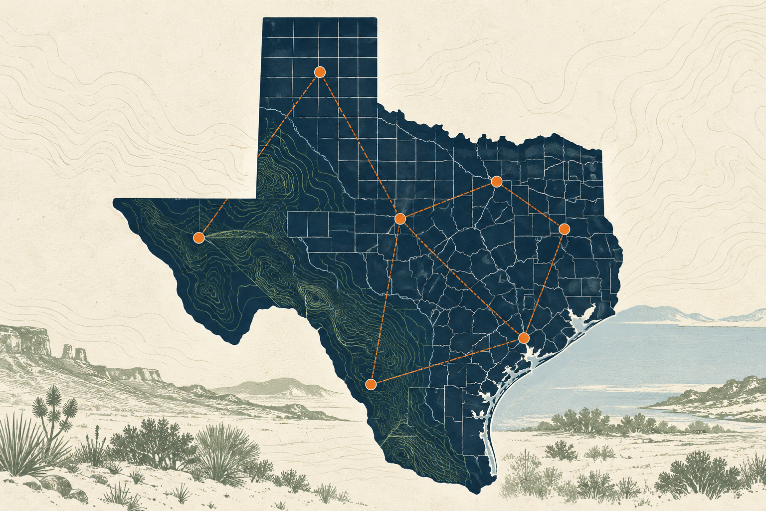 Detailed Texas map with county boundaries, terrain contours, and connected research points.