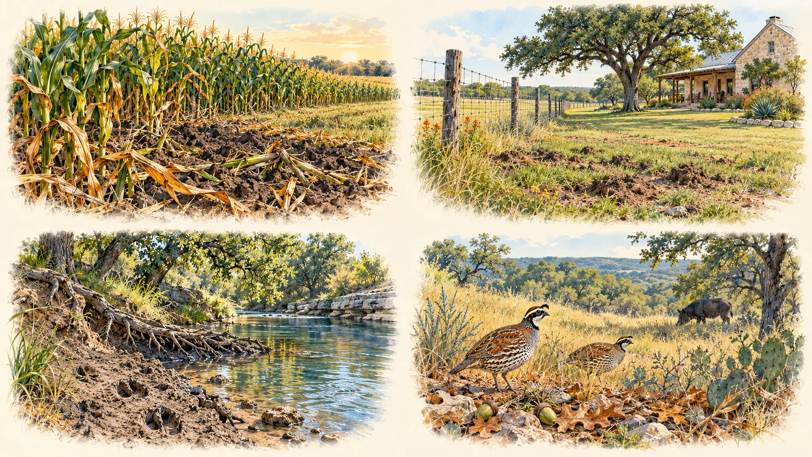 Four illustrated Texas scenes: disturbed corn, rooted property beside a fence, a creek bank and wildlife habitat with quail and a wild pig.