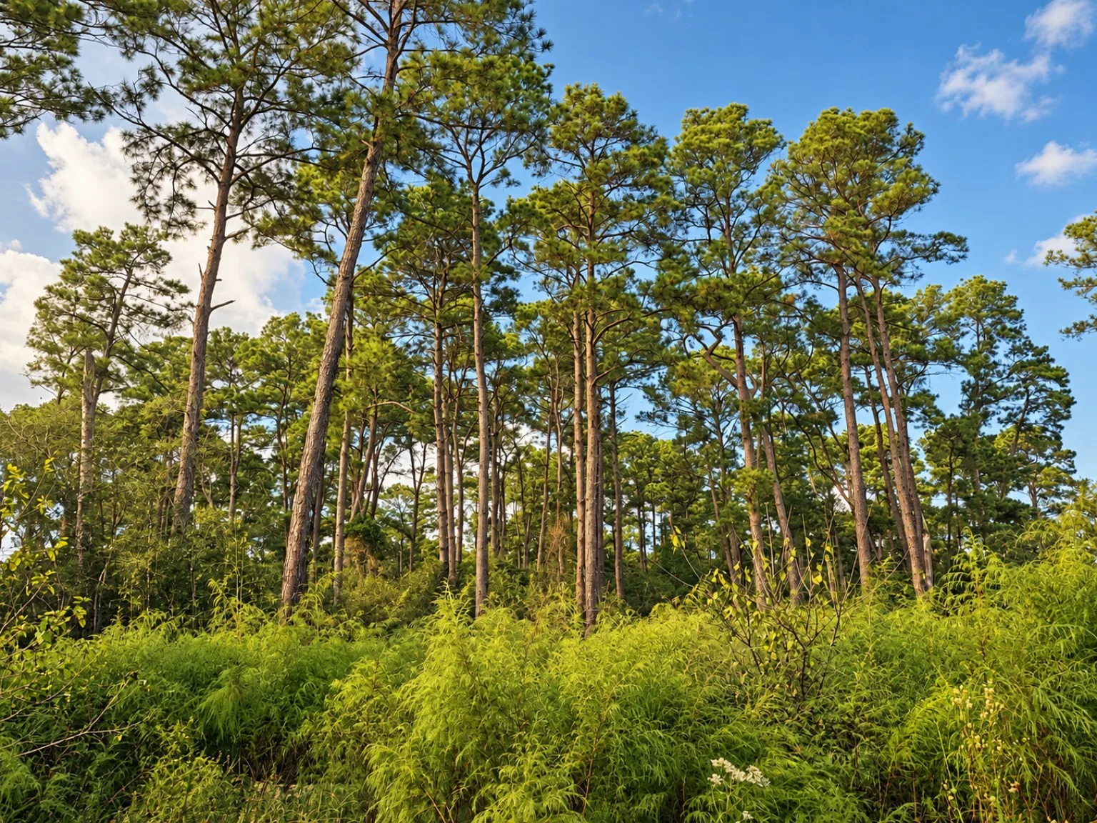 Pine crowns against blue sky above dense green growth