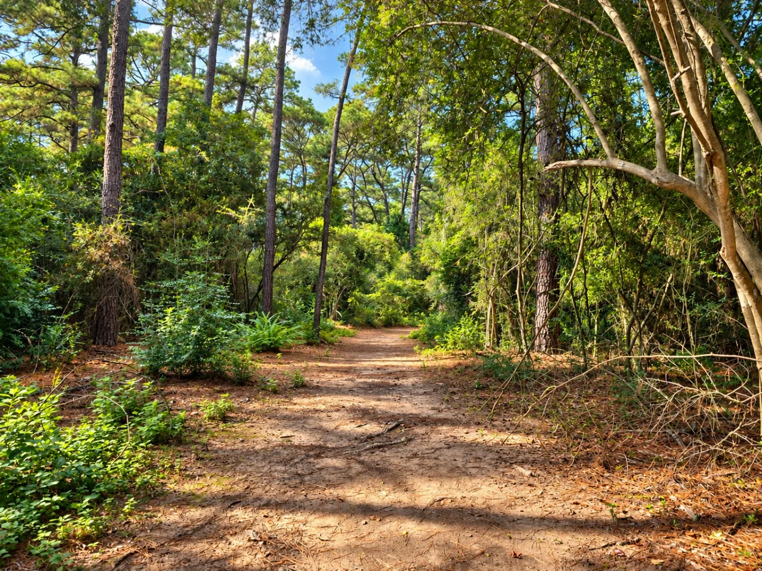 Sunlit forest trail between tall trunks and hanging branches