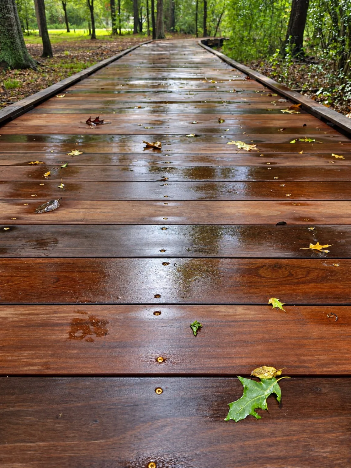 Wet wooden boardwalk with fallen leaves curving into trees
