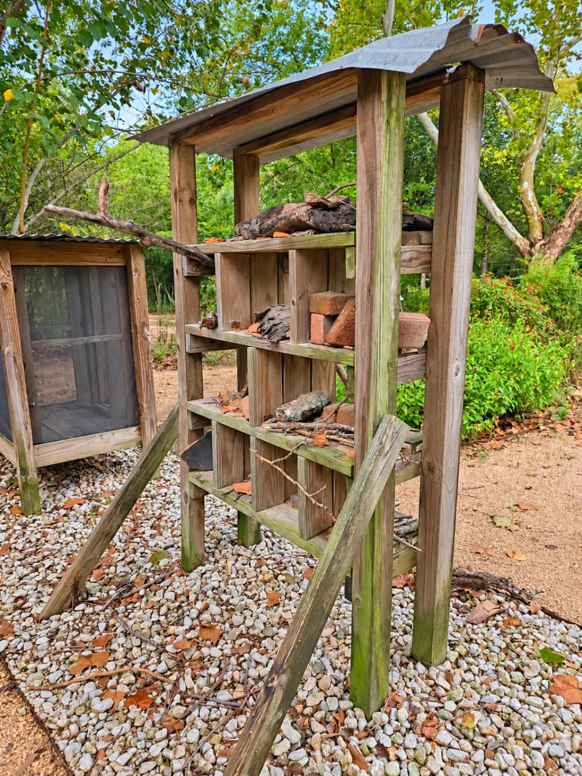 Wooden shelf display holding logs, bricks and branches