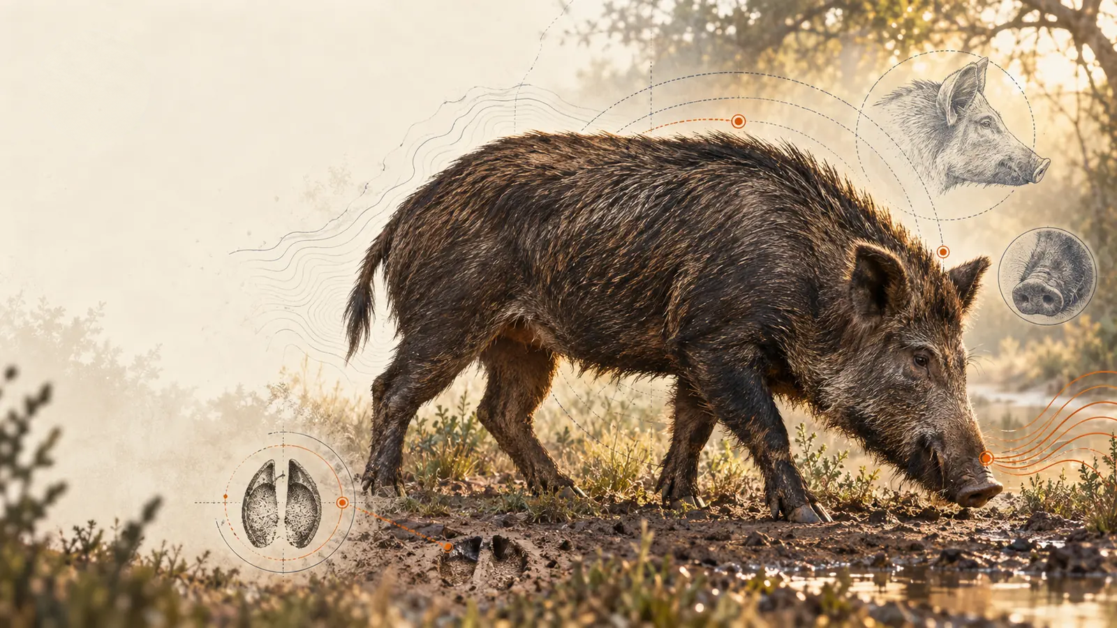 Illustrated Texas wild hog in a field at dusk