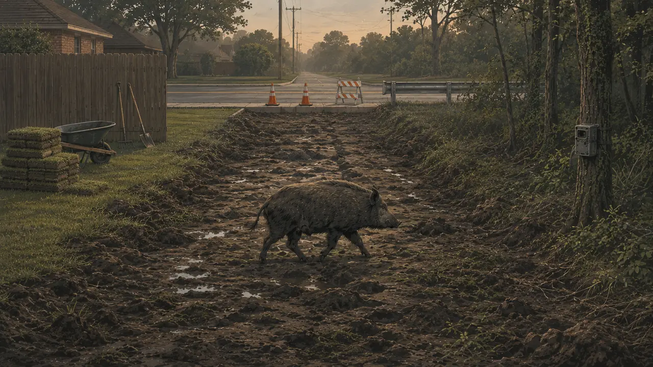 A feral hog crossing a heavily rooted right of way at dusk between a suburban back fence and a roadway with traffic cones and a trail camera.