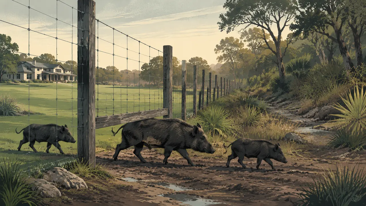 Wild hogs moving along a game fence line at dawn between a manicured private property and rough brush country in Texas.