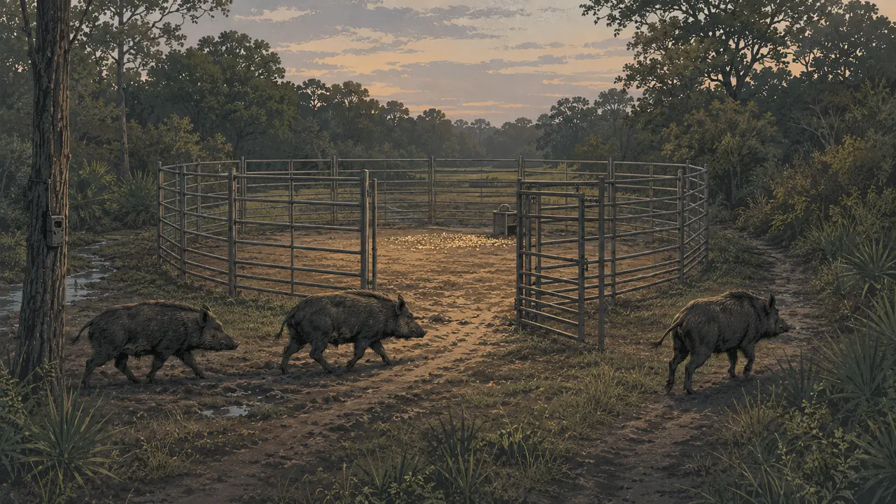 Three wild hogs walking past the open gate of a baited corral trap at dusk, ignoring the corn inside.