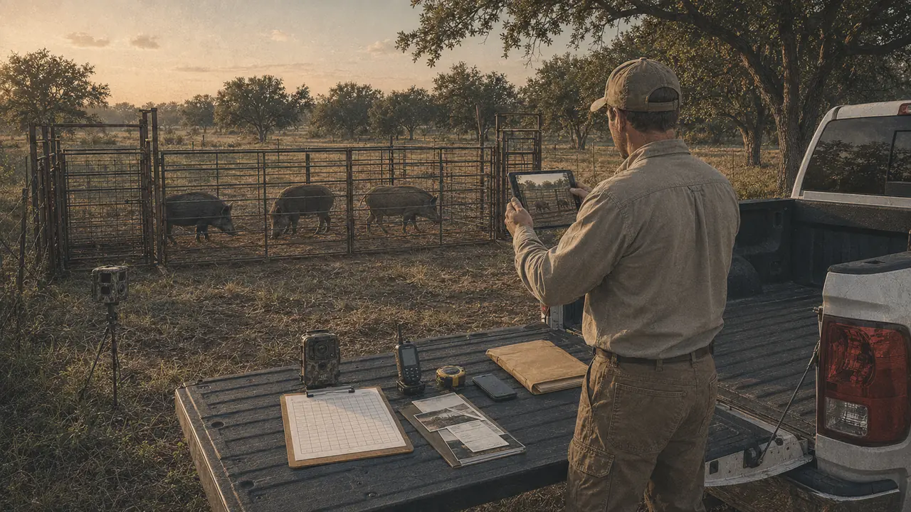 An operator photographing captured hogs inside a corral trap while a truck tailgate holds a data sheet, trail cameras, GPS unit, and field records.