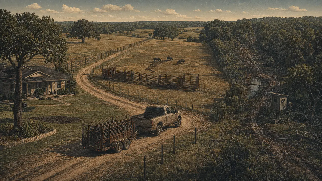 Aerial view of a rural Texas property showing a house, pasture with hogs, staged trap panels, a truck and trailer on a dirt drive, and a wooded creek line.