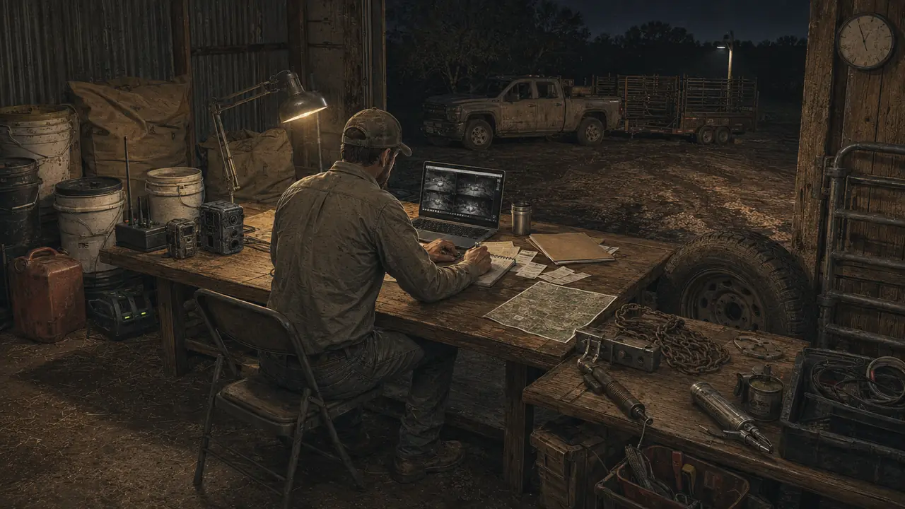 An operator working late at a barn workbench reviewing trail camera images on a laptop beside notes, maps, camera gear, and a spare tire.