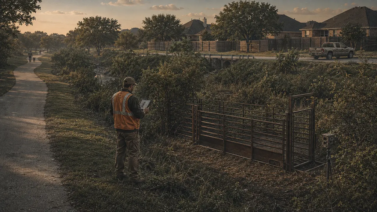 A worker in a high visibility vest documenting a corral trap in a suburban greenbelt beside a walking trail, with houses and a parked truck behind.