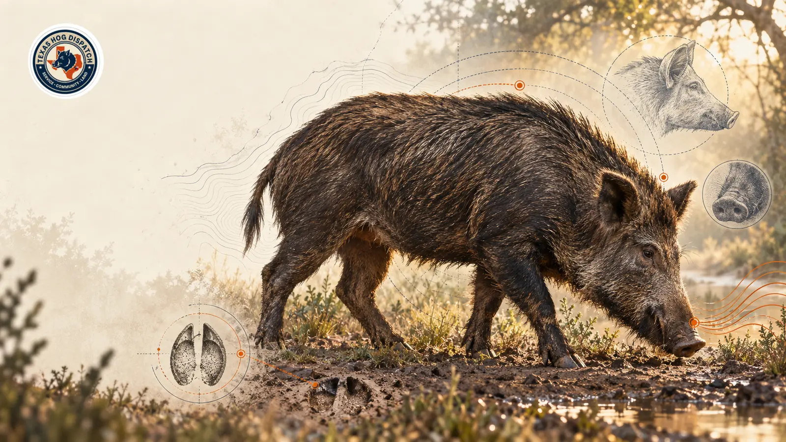 Editorial illustration of a Texas wild hog in profile against open brush country.