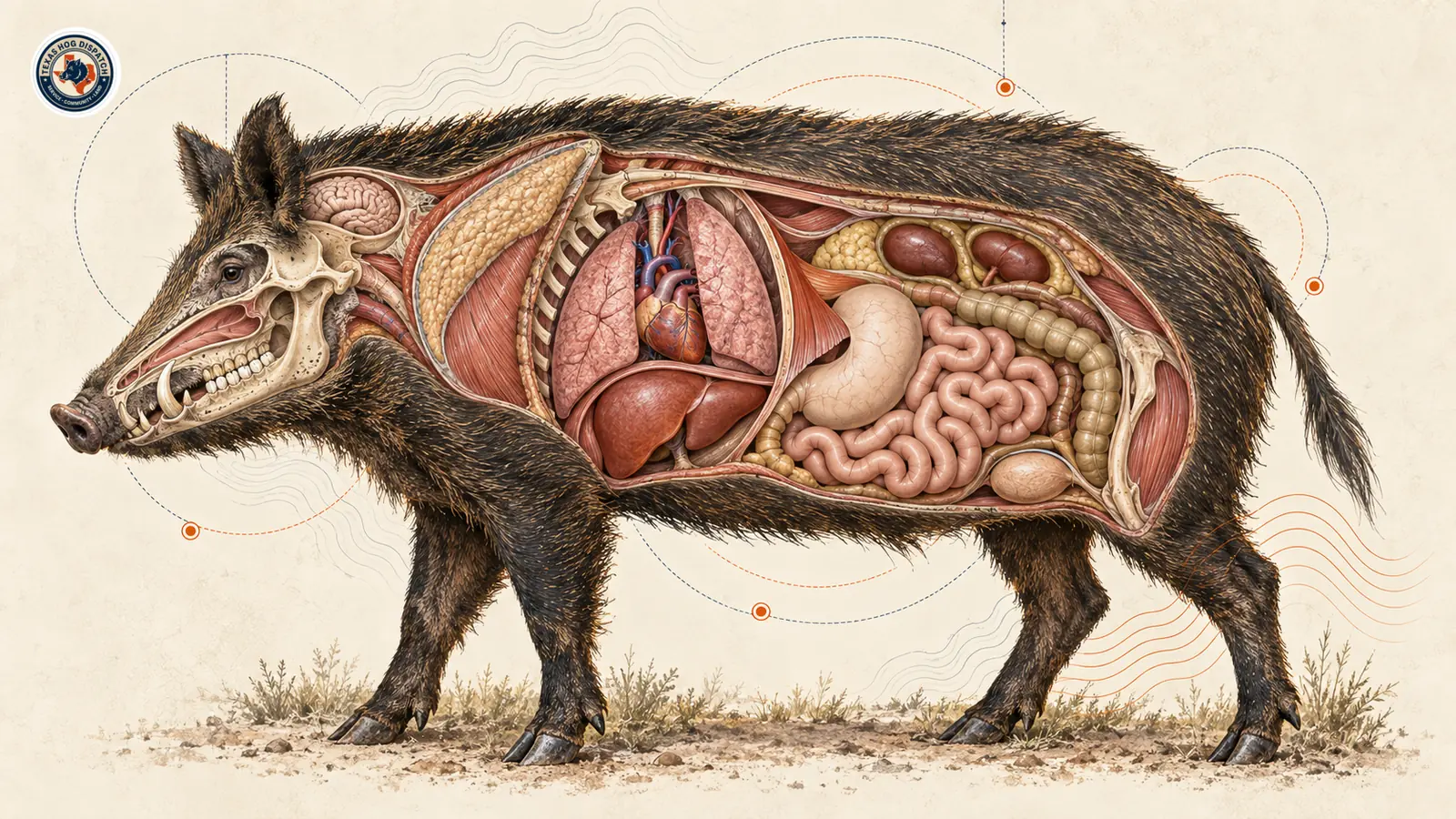 Side-profile illustrated cutaway of a wild hog showing principal organ systems, skull and nasal architecture, and a layered representation of the shoulder-shield tissue.