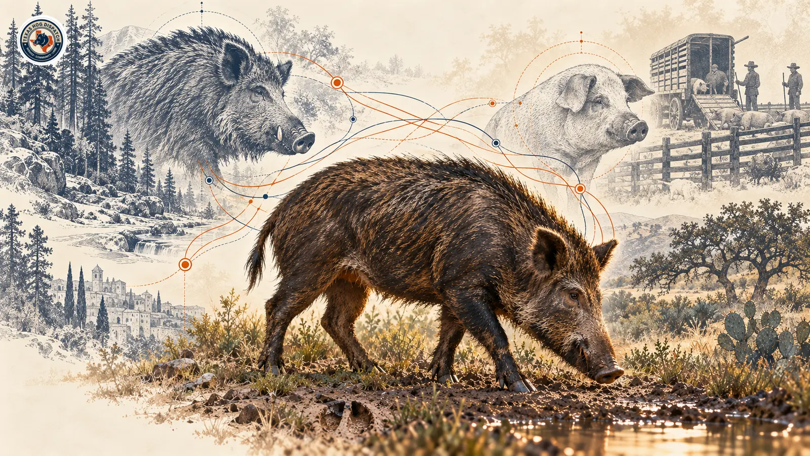Illustration of a Texas feral hog with interwoven historical wild-boar and domestic-pig threads behind it, drawn as recombining strands rather than a single ancestry ladder.