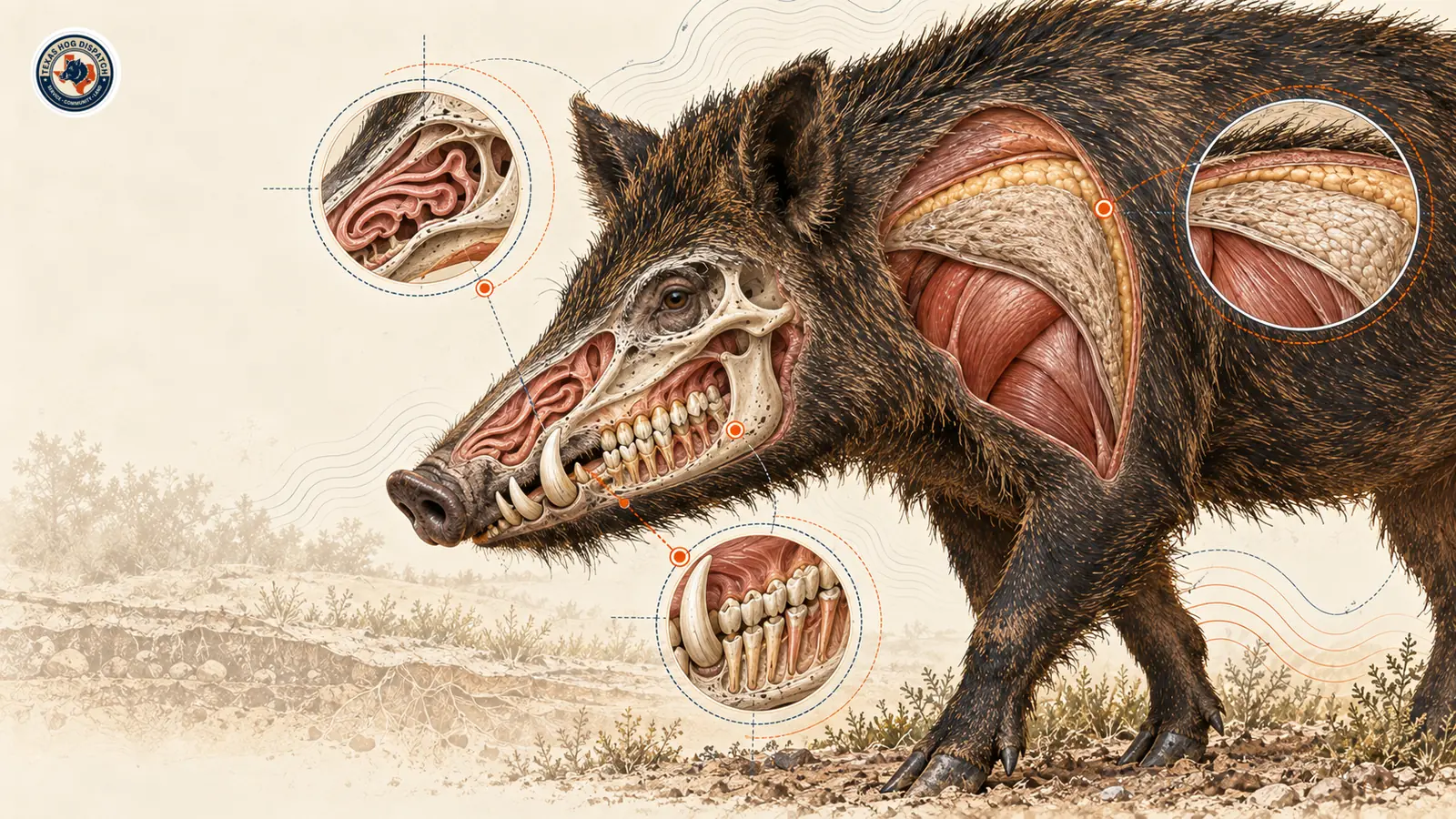 Illustration with anatomical windows onto the nasal passages, the teeth and tusks, and the skin, fat, shield, and muscle layers of the shoulder.