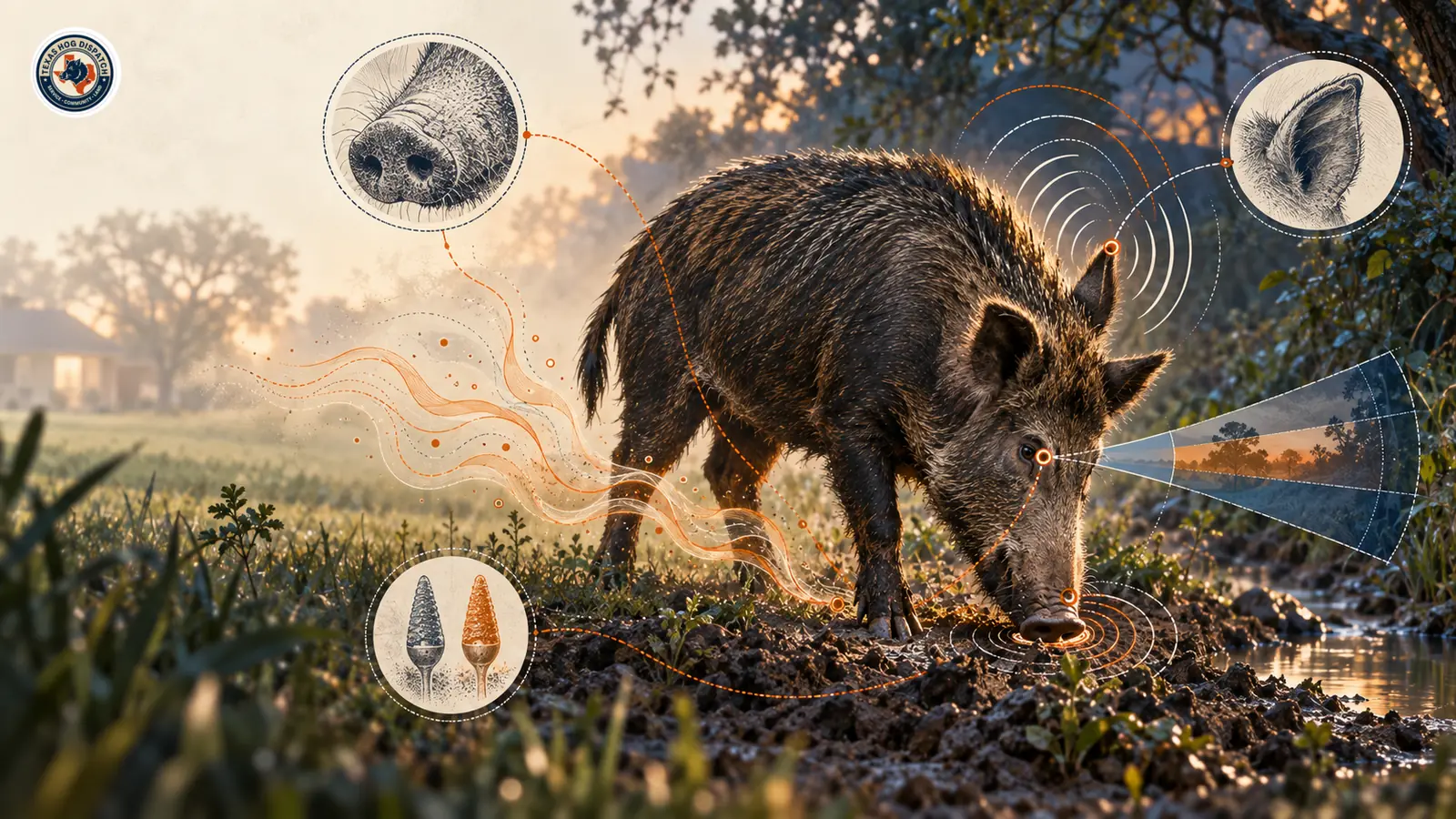 Illustration of a hog's snout in contact with the ground alongside schematic odor, hearing, and visual-field motifs drawn as conditional cues rather than measured ranges.