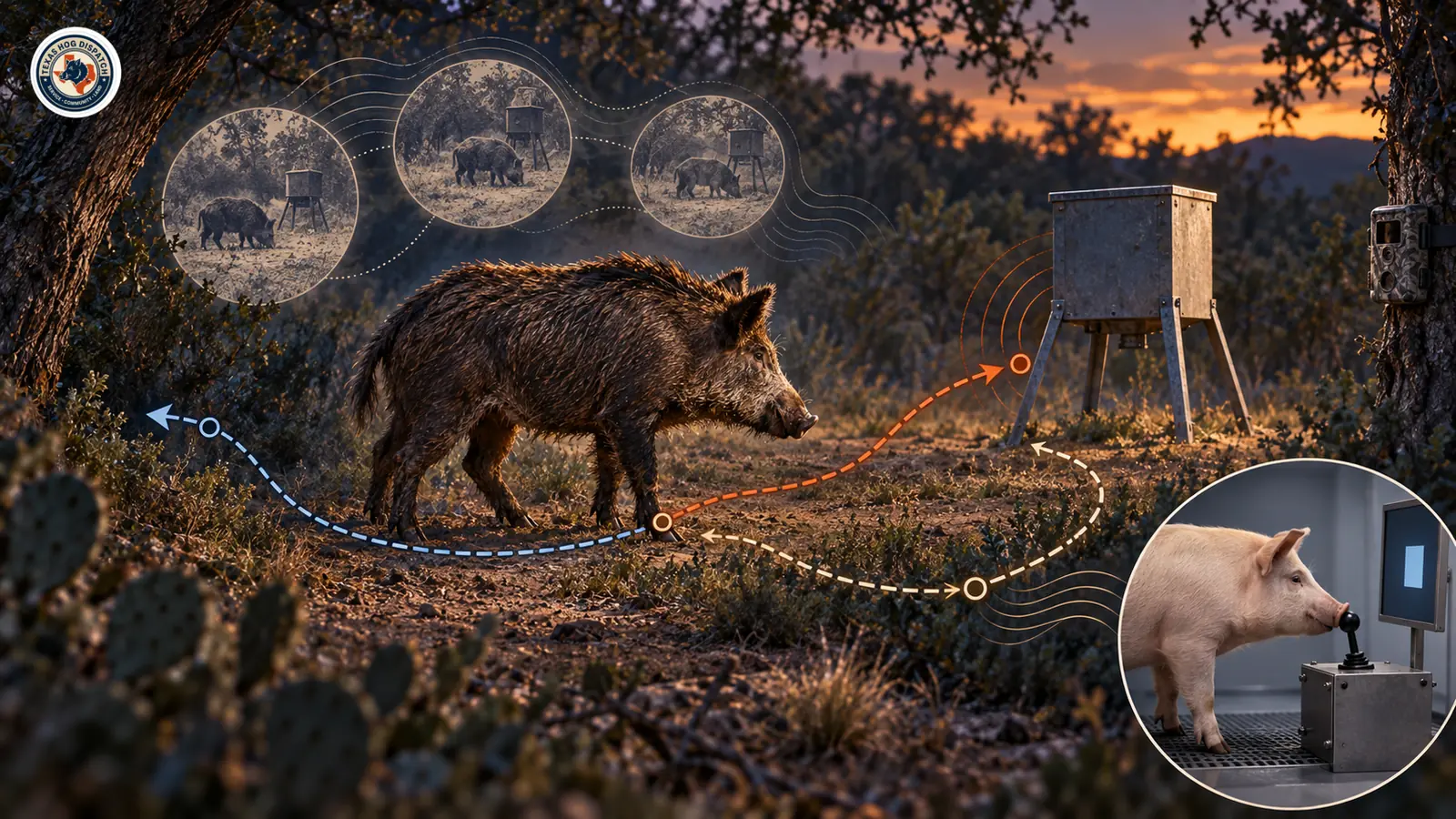 Illustration of a hog pausing before a novel structure with several possible routes ahead, next to a clearly separated inset of a domestic-pig laboratory task.