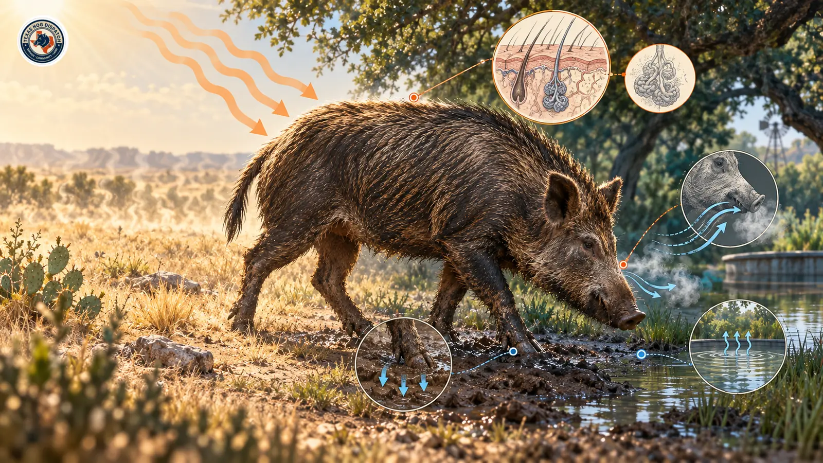 Illustration of a hog moving from exposed sun into shade, wet ground, and water, with restrained physiological cooling overlays.
