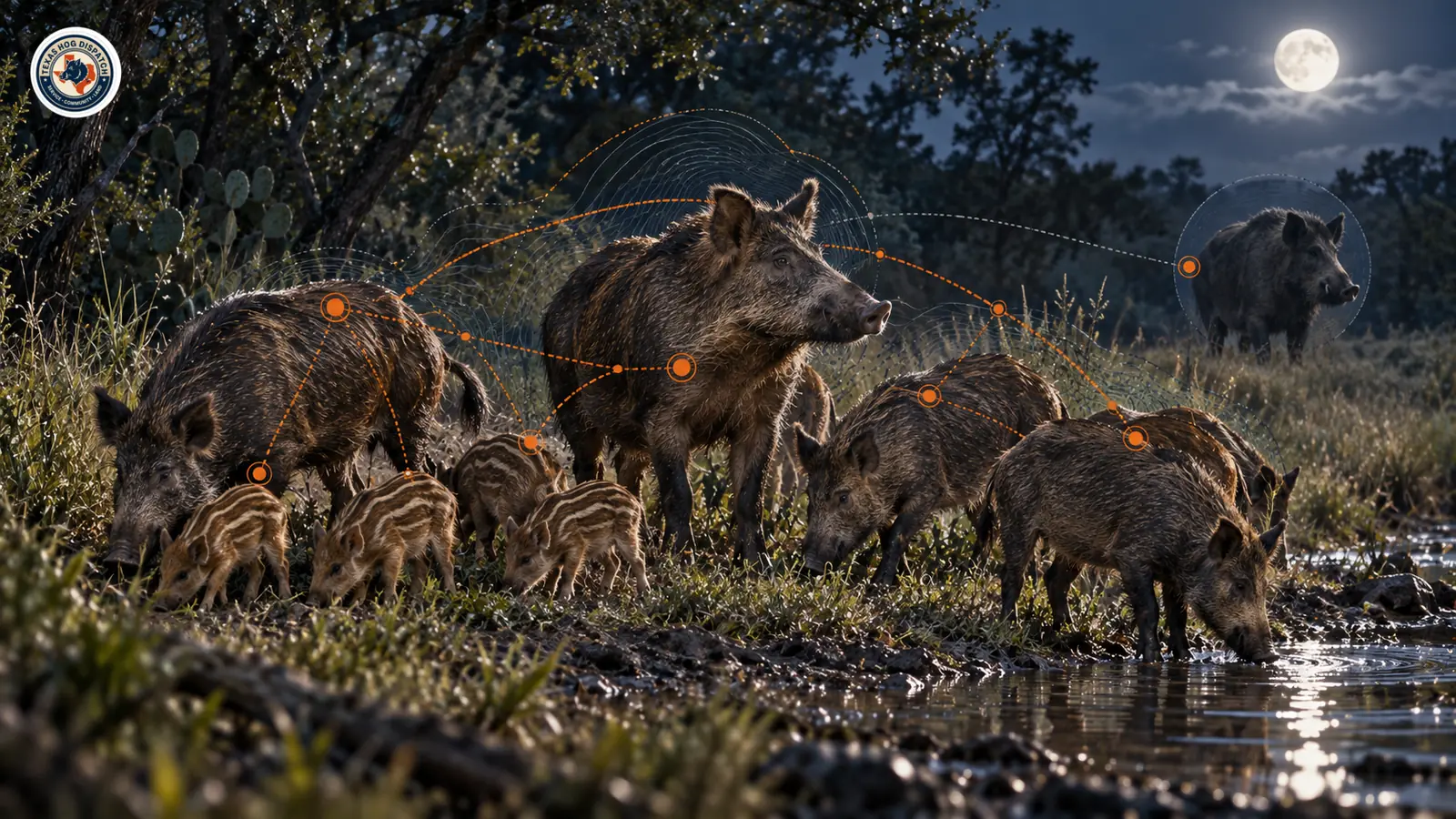 Illustration of adult females, juveniles, and piglets as a connected group with a mature male at the periphery, drawn without any fixed-leader claim.