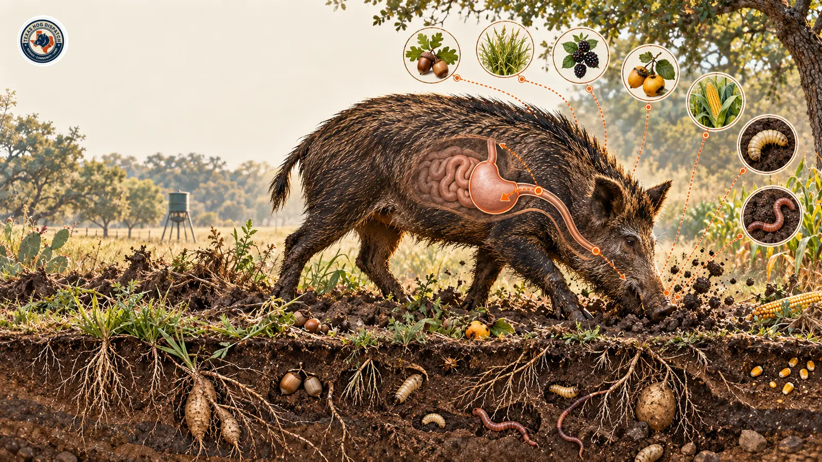 Illustration of a rooting scene with a soil cross-section, seasonal plant and invertebrate foods, and a single-stomach digestive motif.