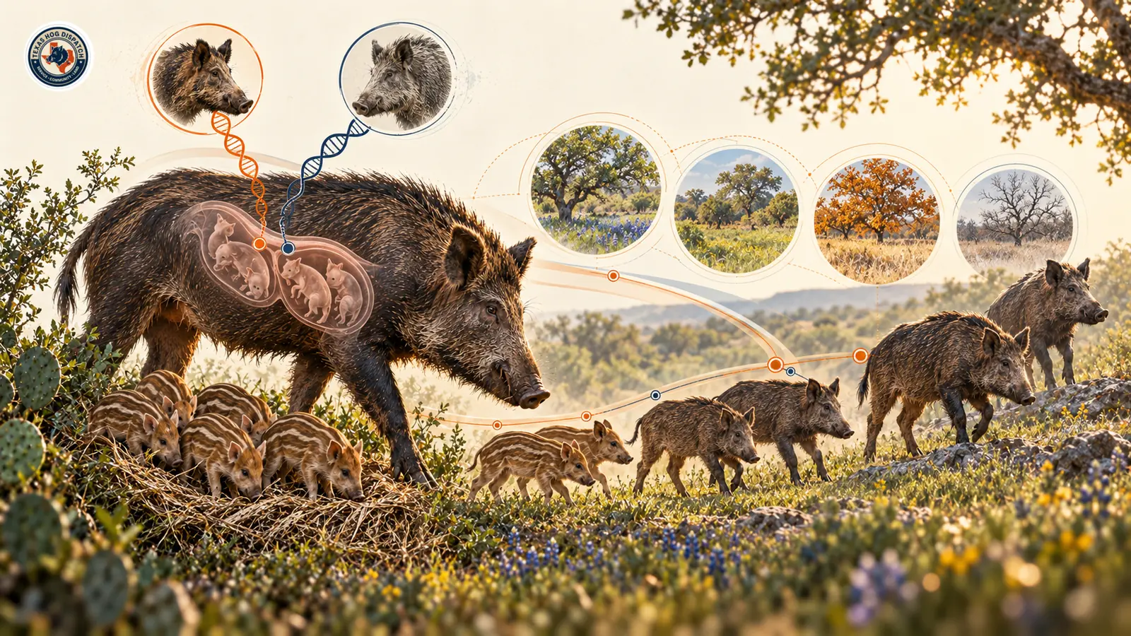 Illustration of a sow with fetal silhouettes, piglets, and juveniles along a narrowing recruitment pathway, with two genetic threads suggesting possible multiple paternity.