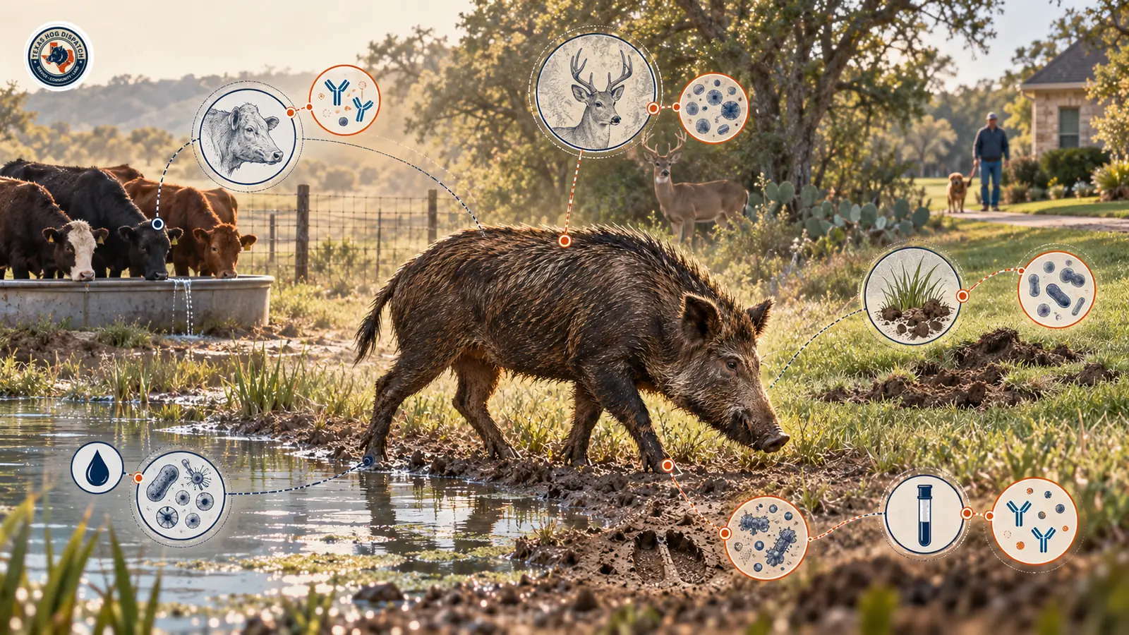 Illustration of shared water, livestock, wildlife, damaged turf, and a distant person with a dog, with restrained motifs distinguishing exposure from confirmed disease.